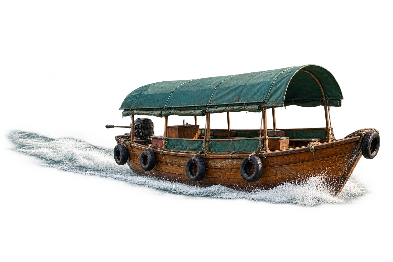 A wooden sampan speeding across the harbour with a foamy wake