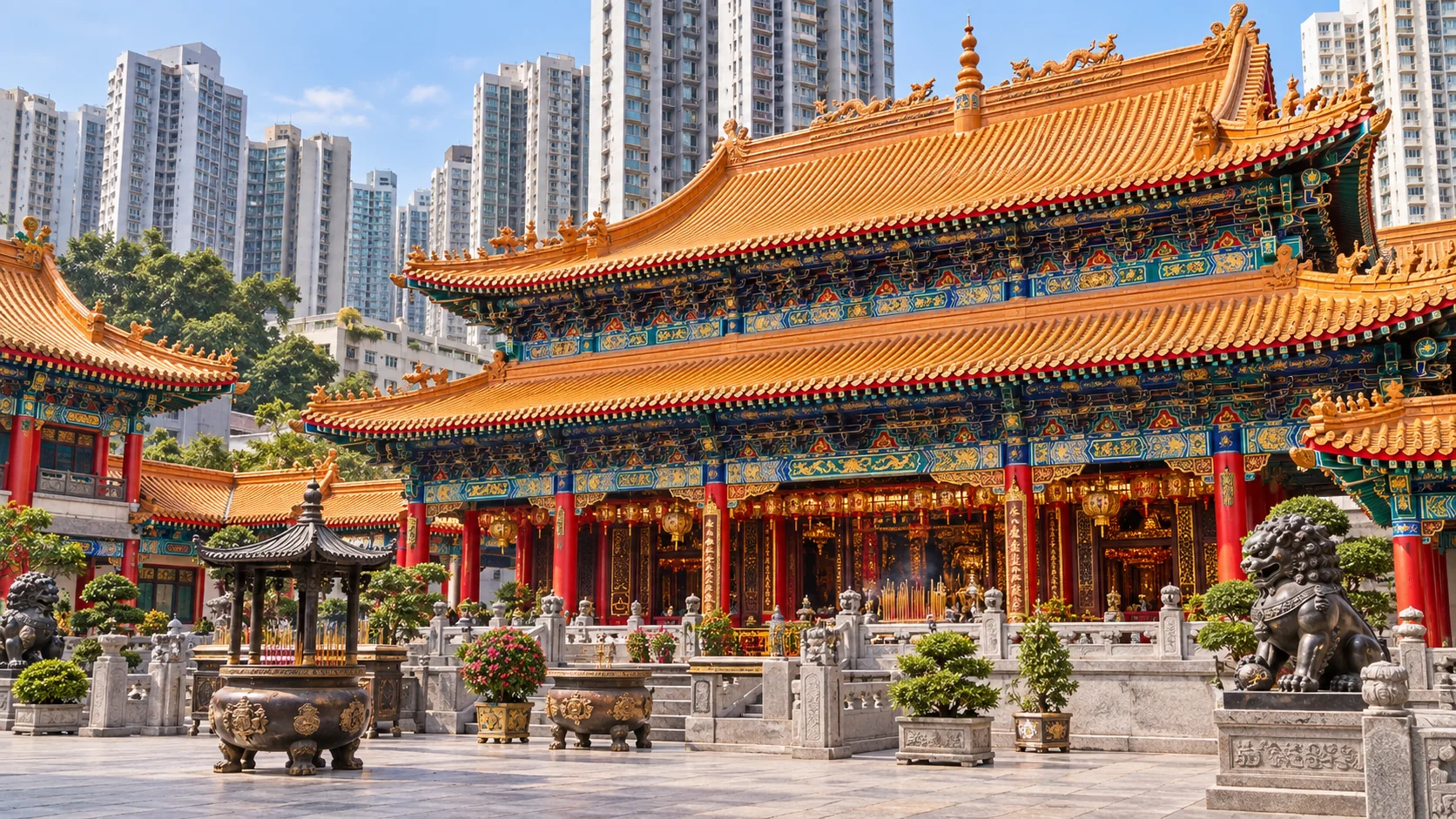 Golden tiled roofs and red columns of Wong Tai Sin temple